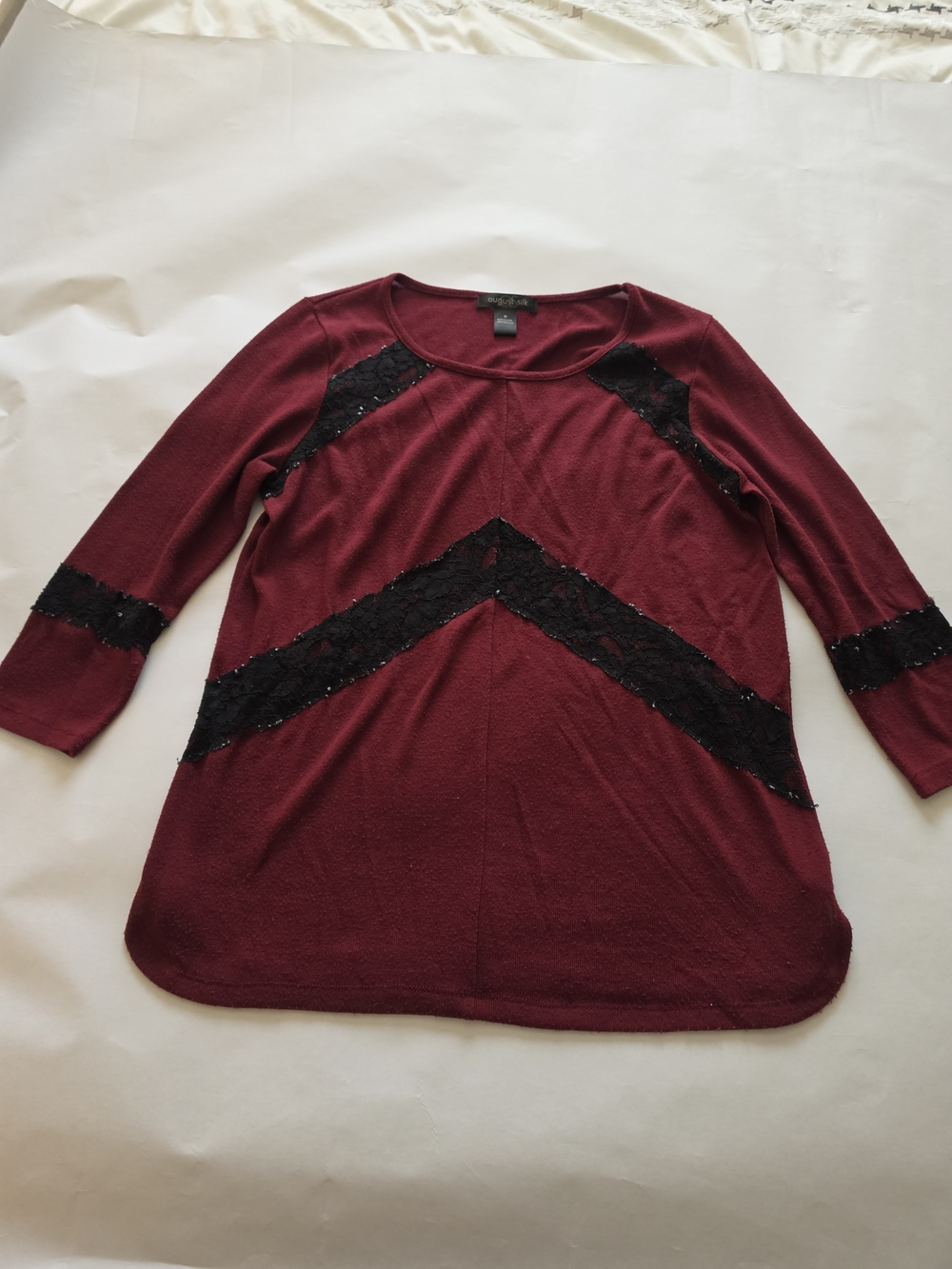 august silk Burgundy Tunic with Black Lace Chevron Accents